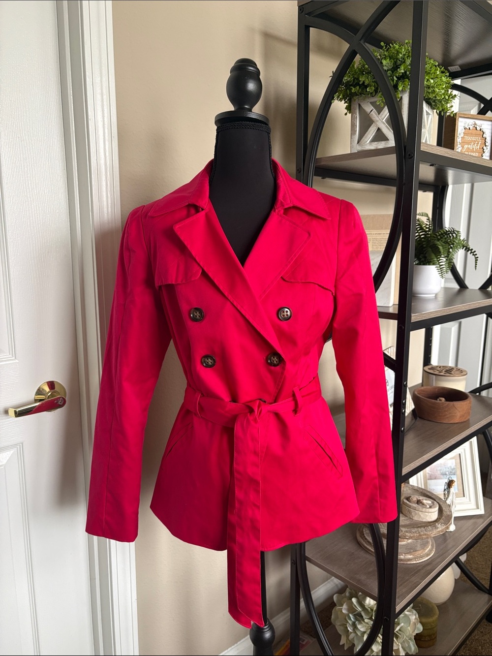 H&M Double-Breasted Belted Trench Coat in Red